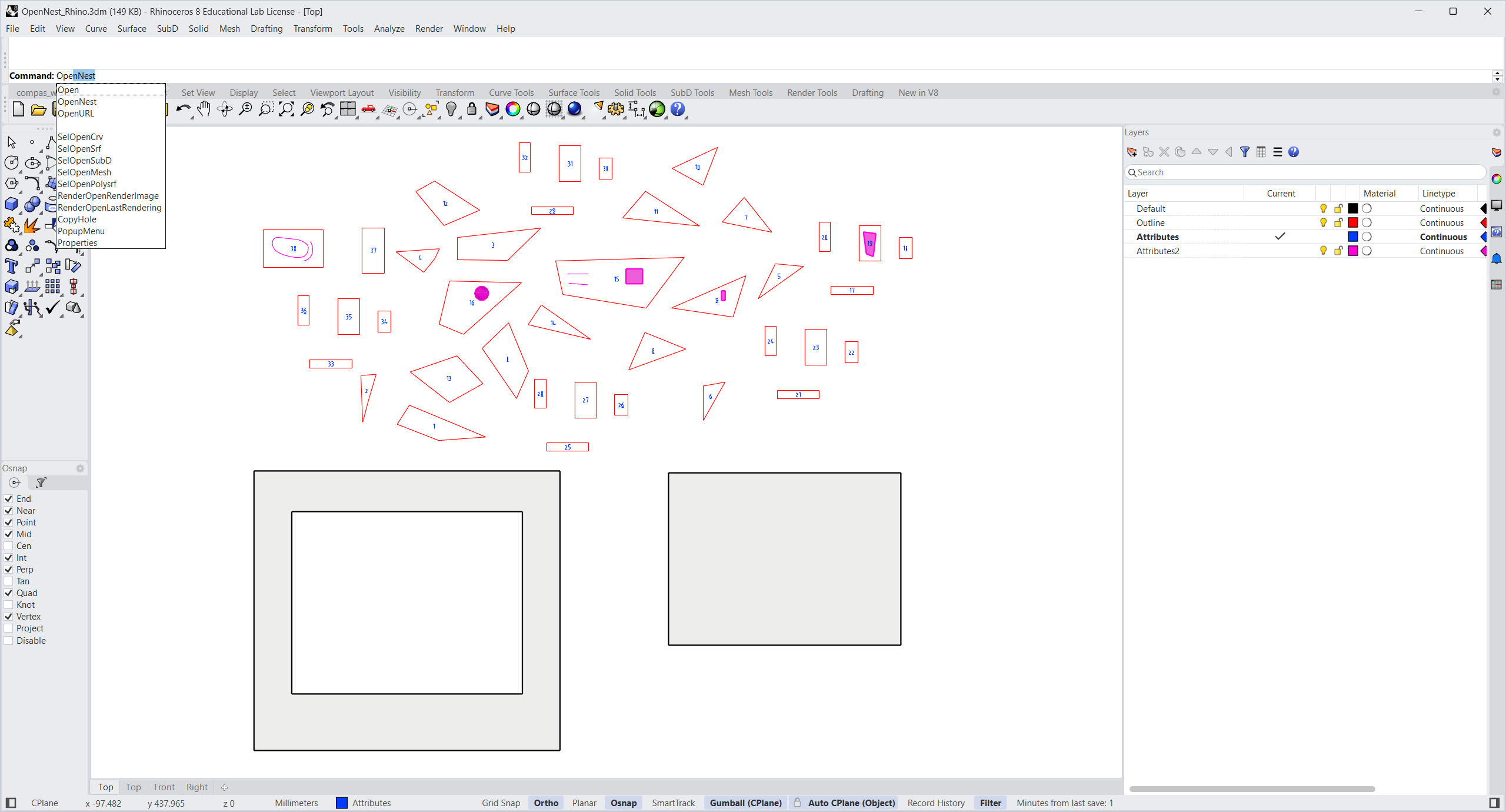 Step 1 — parts with layered markings and two sheet surfaces; type OpenNest