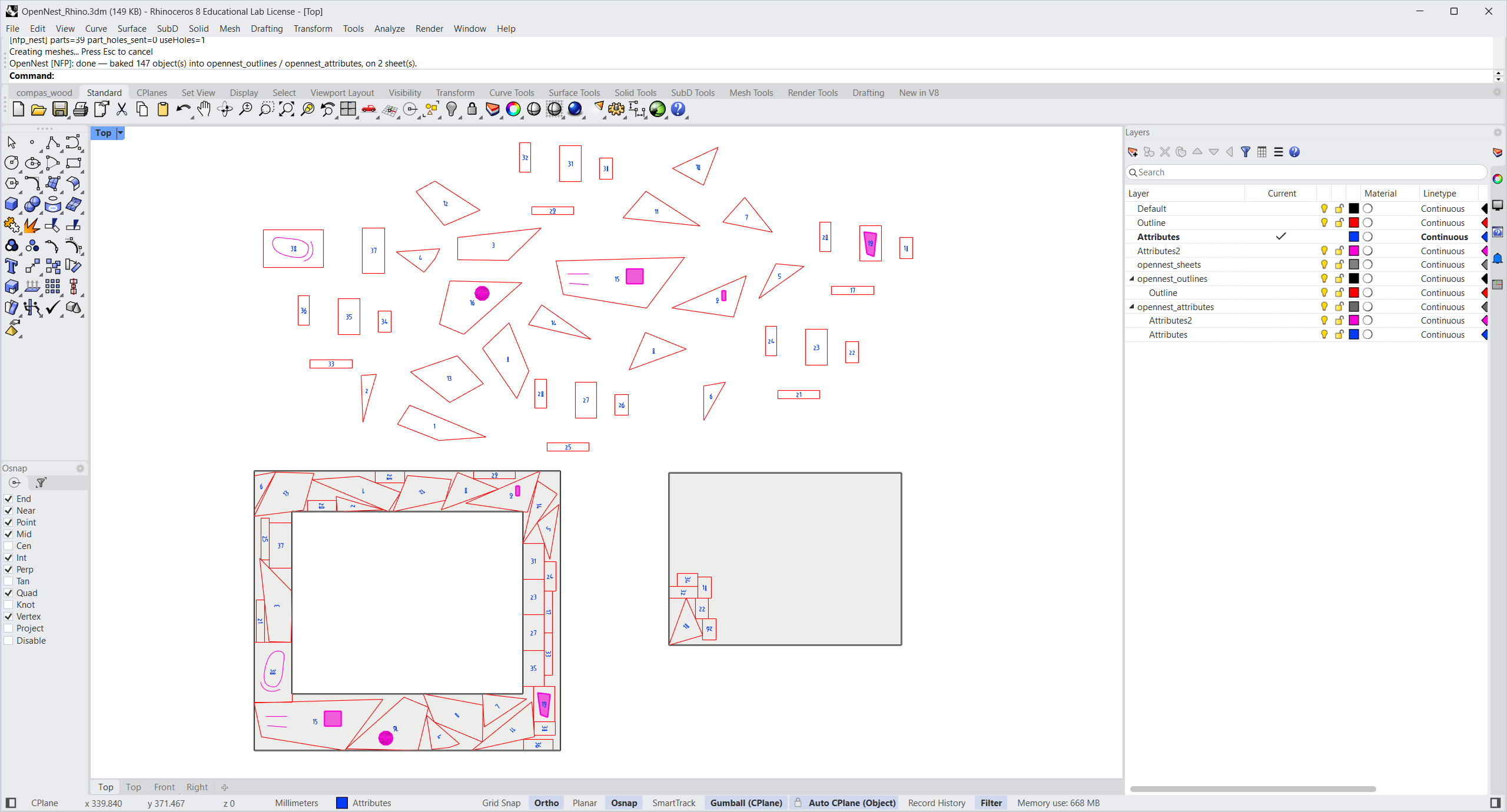 Step 4 — nested result baked into opennest_outlines / opennest_attributes on two sheets
