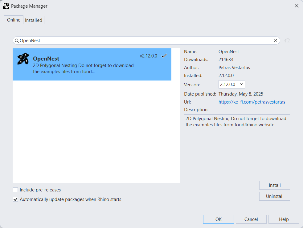 Rhino Package Manager OpenNest